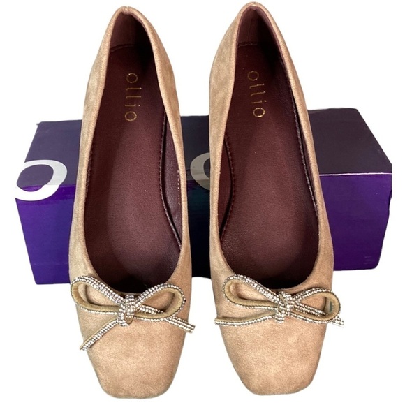 Ollio | NEW Tan Faux Suede Rhinestone Ribbon Ballet Flats 8.5 - Picture 1 of 7